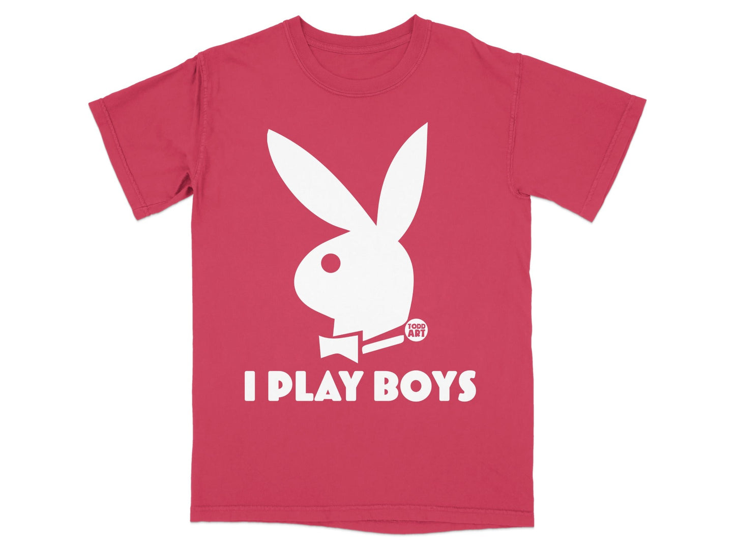 Red t-shirt with white Playboy bunny logo and "I PLAY BOYS" text.