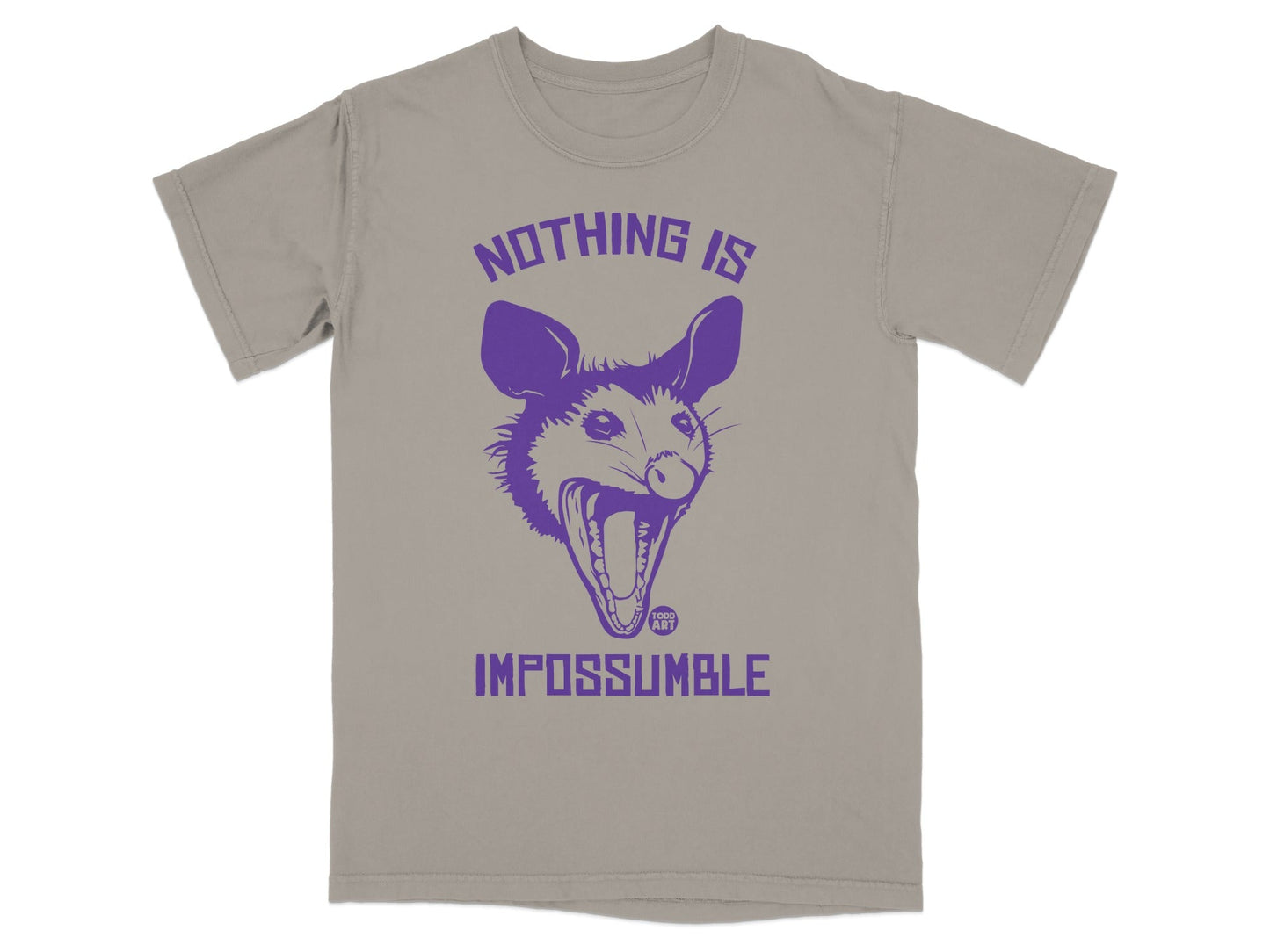 Gray t-shirt with purple possum graphic and "Nothing is Impossible" text.