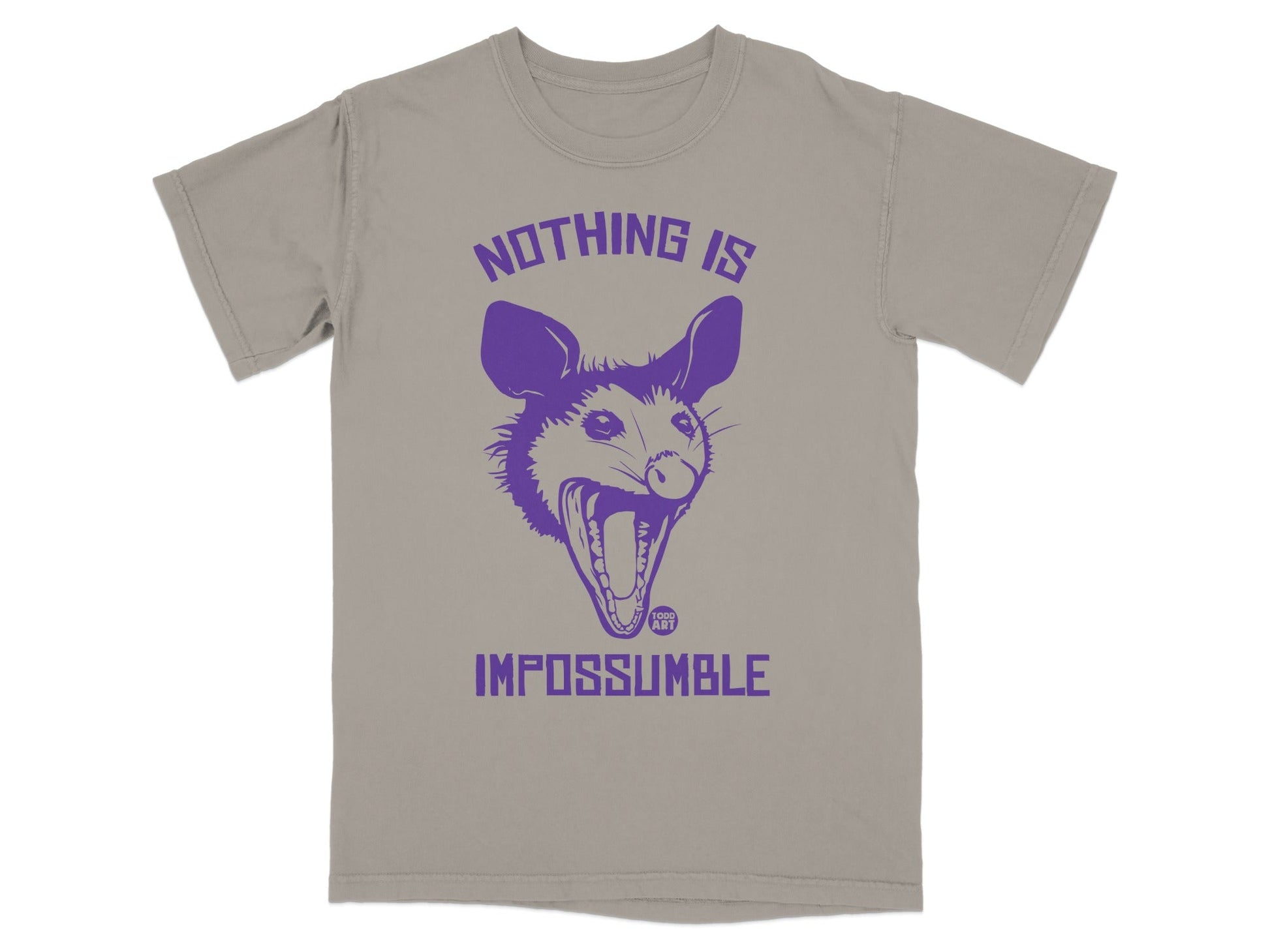 Gray t-shirt with purple possum graphic and "Nothing is Impossible" text.