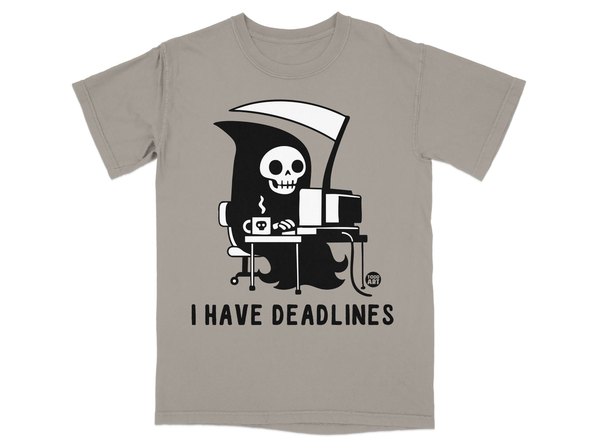 Grim Reaper at computer with "I HAVE DEADLINES" text.