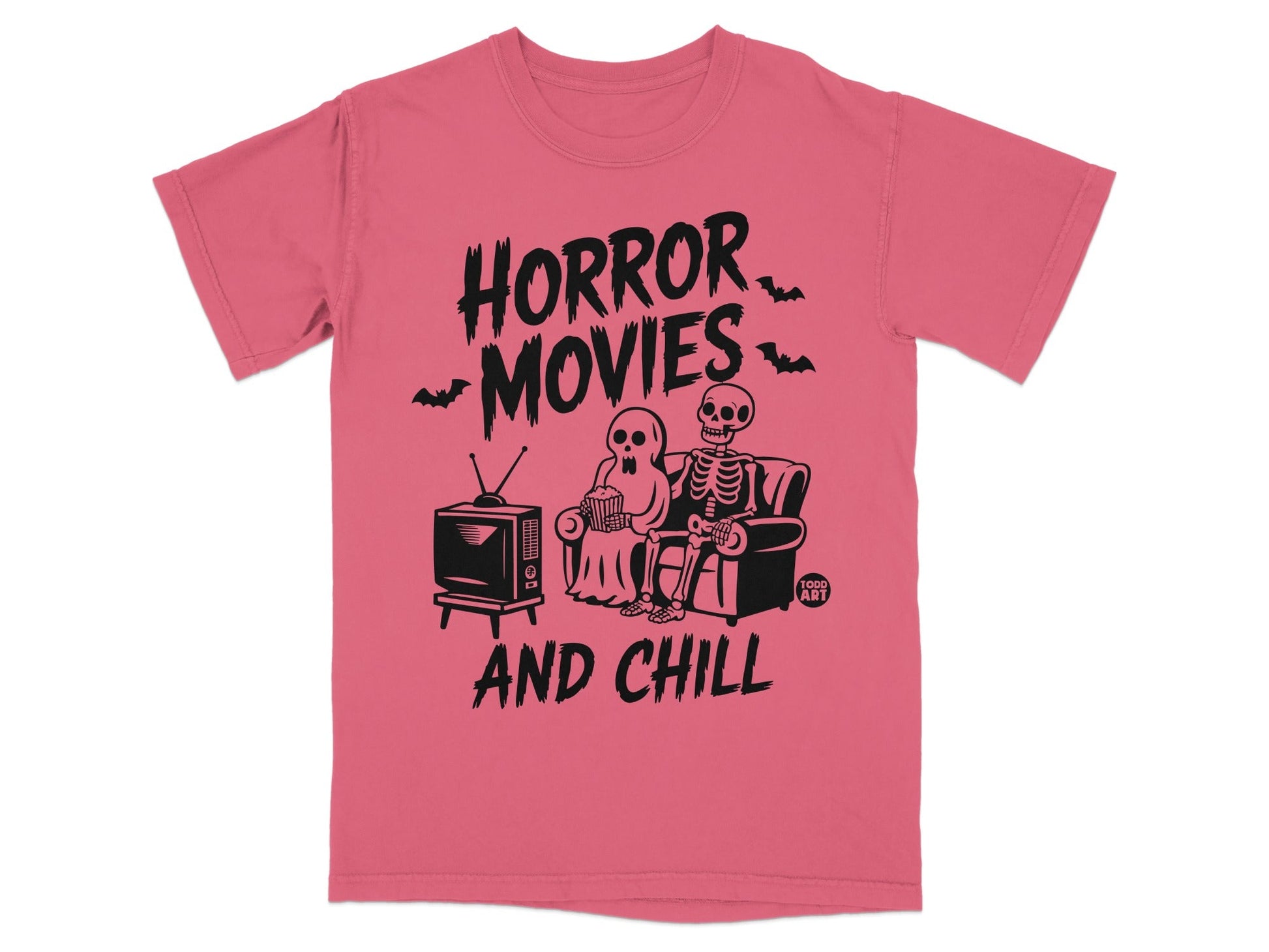 T-shirt with "Horror Movies and Chill" text, skeletons watching TV.