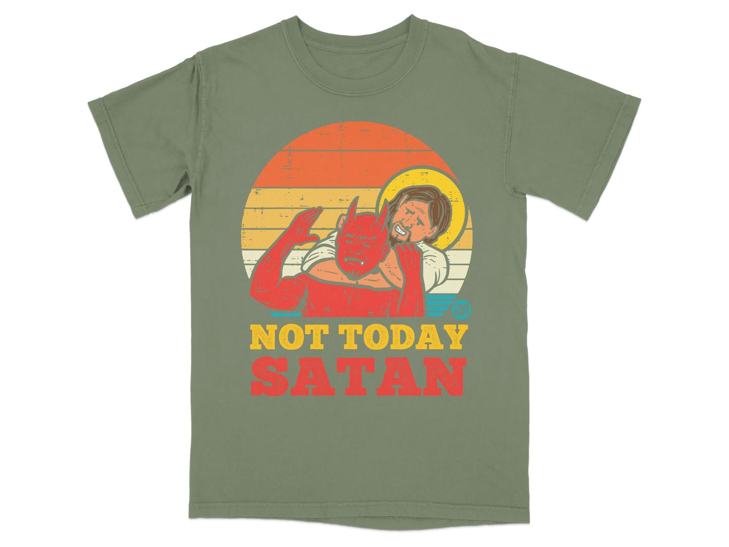 T-shirt graphic featuring Jesus and Satan with text "NOT TODAY SATAN".