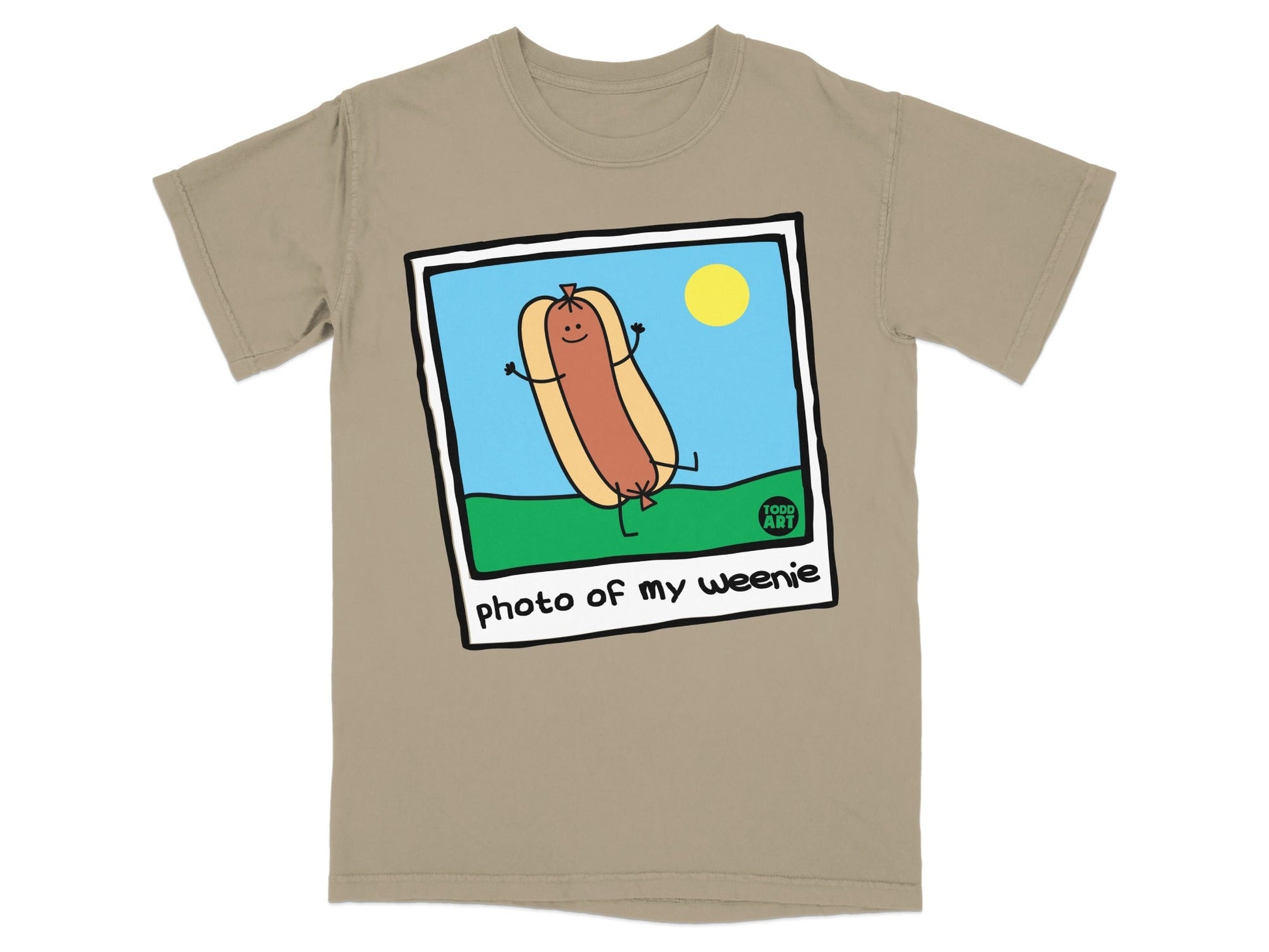 T-shirt with cartoon hot dog saying "photo of my weenie" and sun.