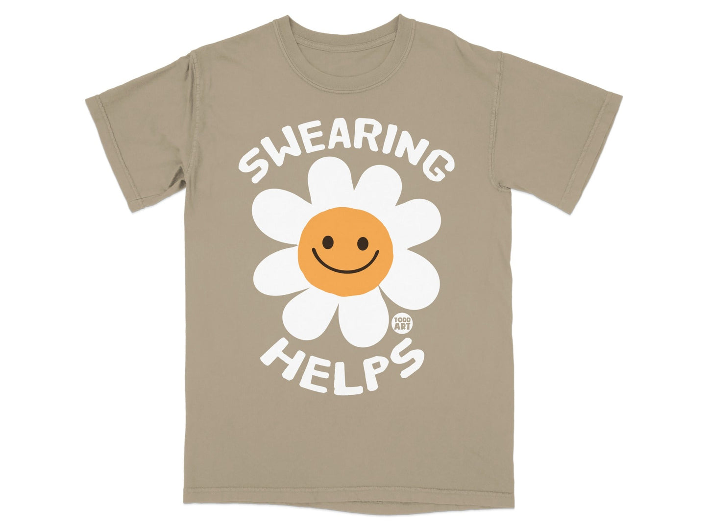 Tan t-shirt with a smiley face daisy and "SWEARING HELPS" text.