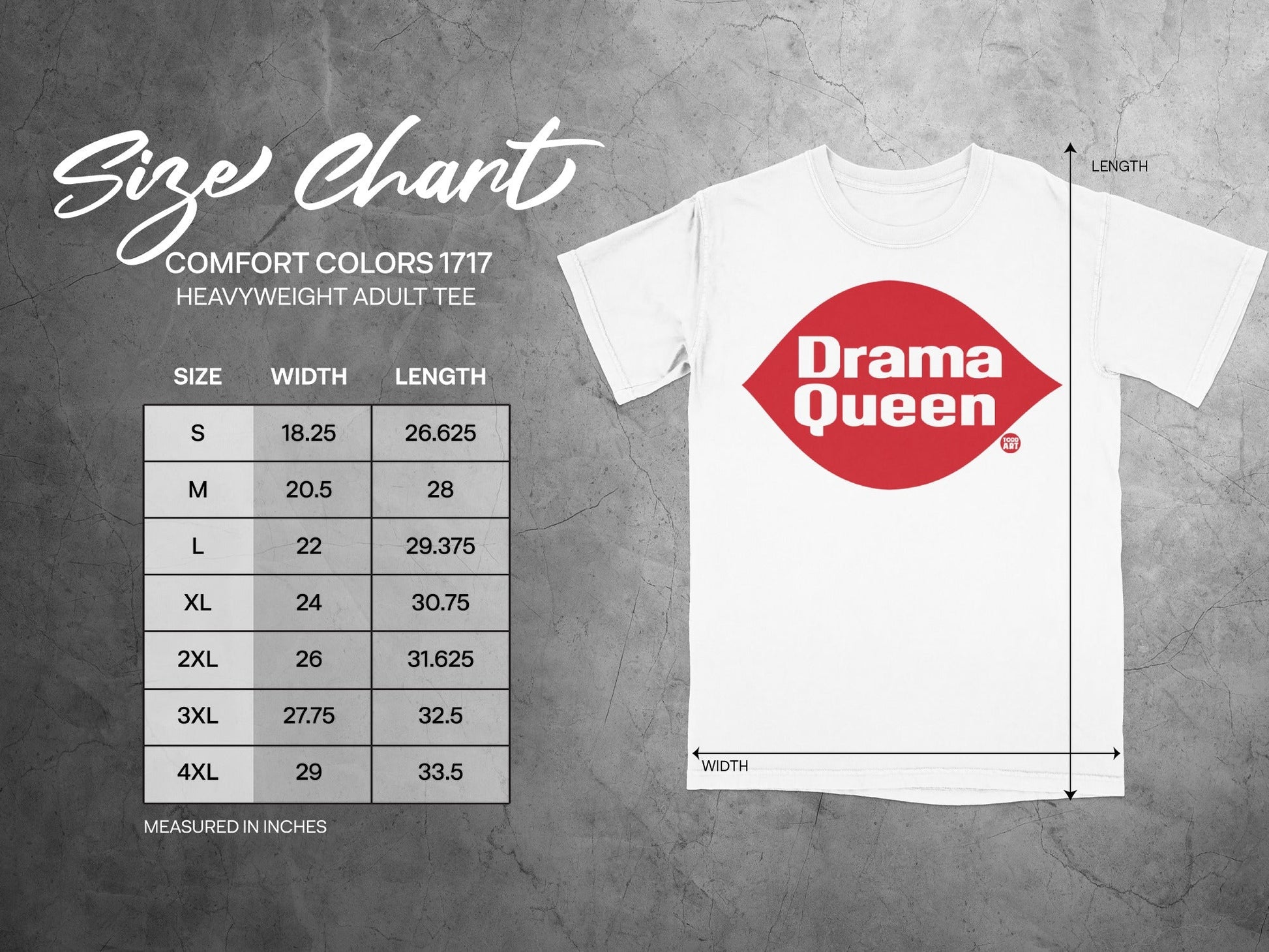 Comfort Colors 1717 heavyweight adult tee size chart with Drama Queen logo.