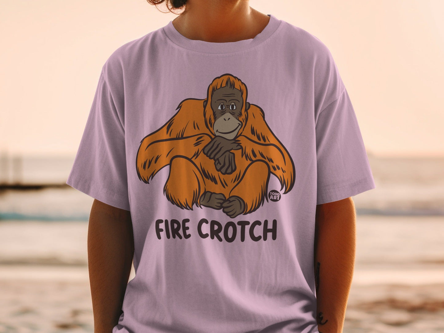 T-shirt with cartoon orangutan and "FIRE CROtch" text.