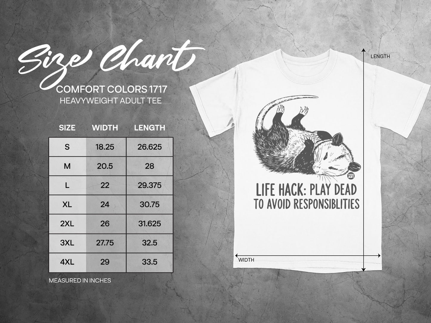 Comfort Colors 1717 heavyweight adult tee size chart with opossum graphic.