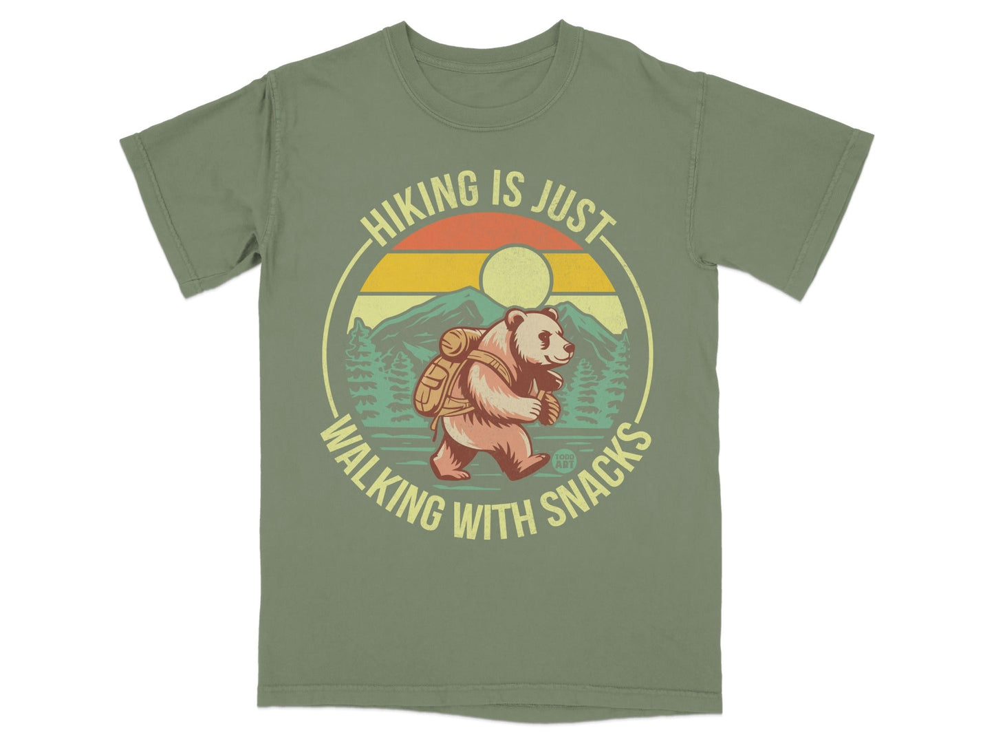 Bear hiking with backpack and text "Hiking is Just Walking with Snacks".