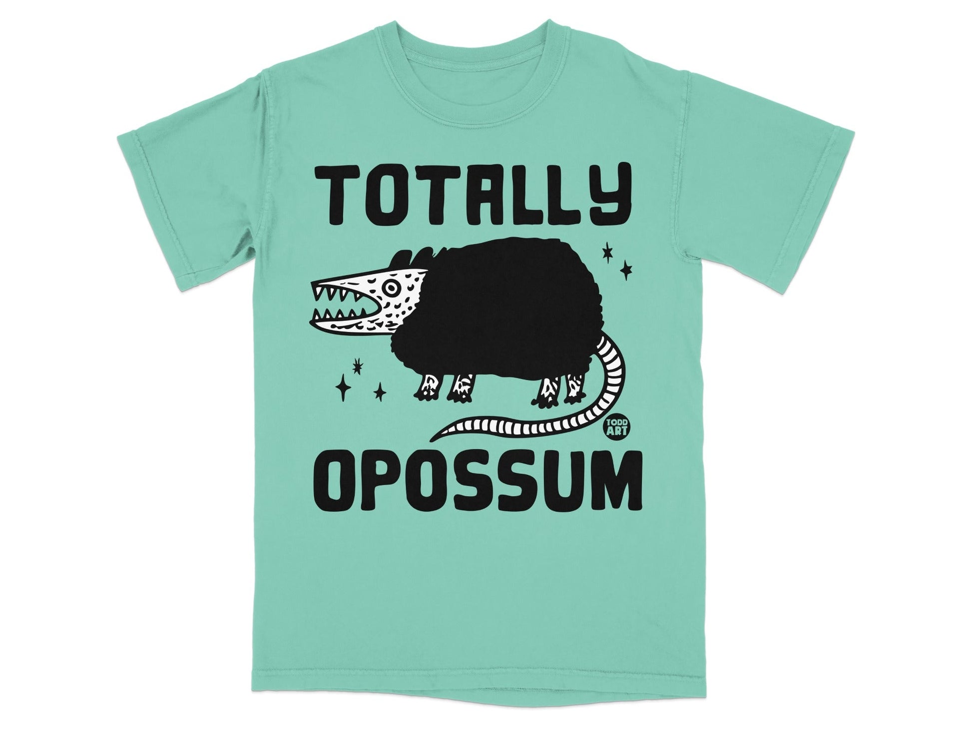 Turquoise t-shirt with black opossum graphic and "TOTALLY OPOSSUM" text.