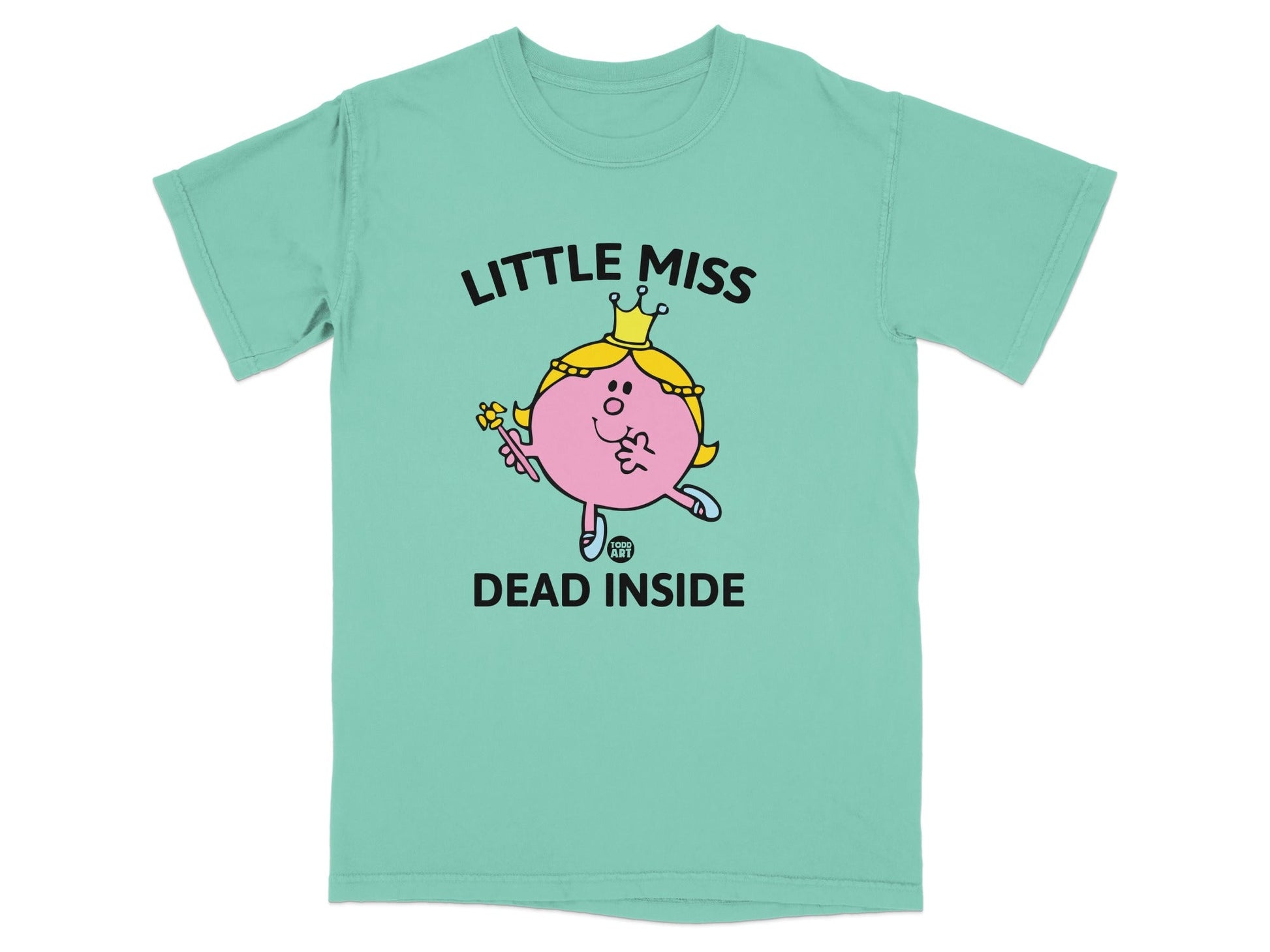 Mint green t-shirt with "Little Miss Dead Inside" and cartoon girl graphic.