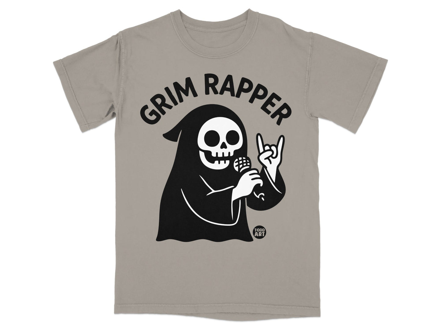 Grim Rapper t-shirt with cartoon grim reaper holding microphone and giving rock on hand sign.