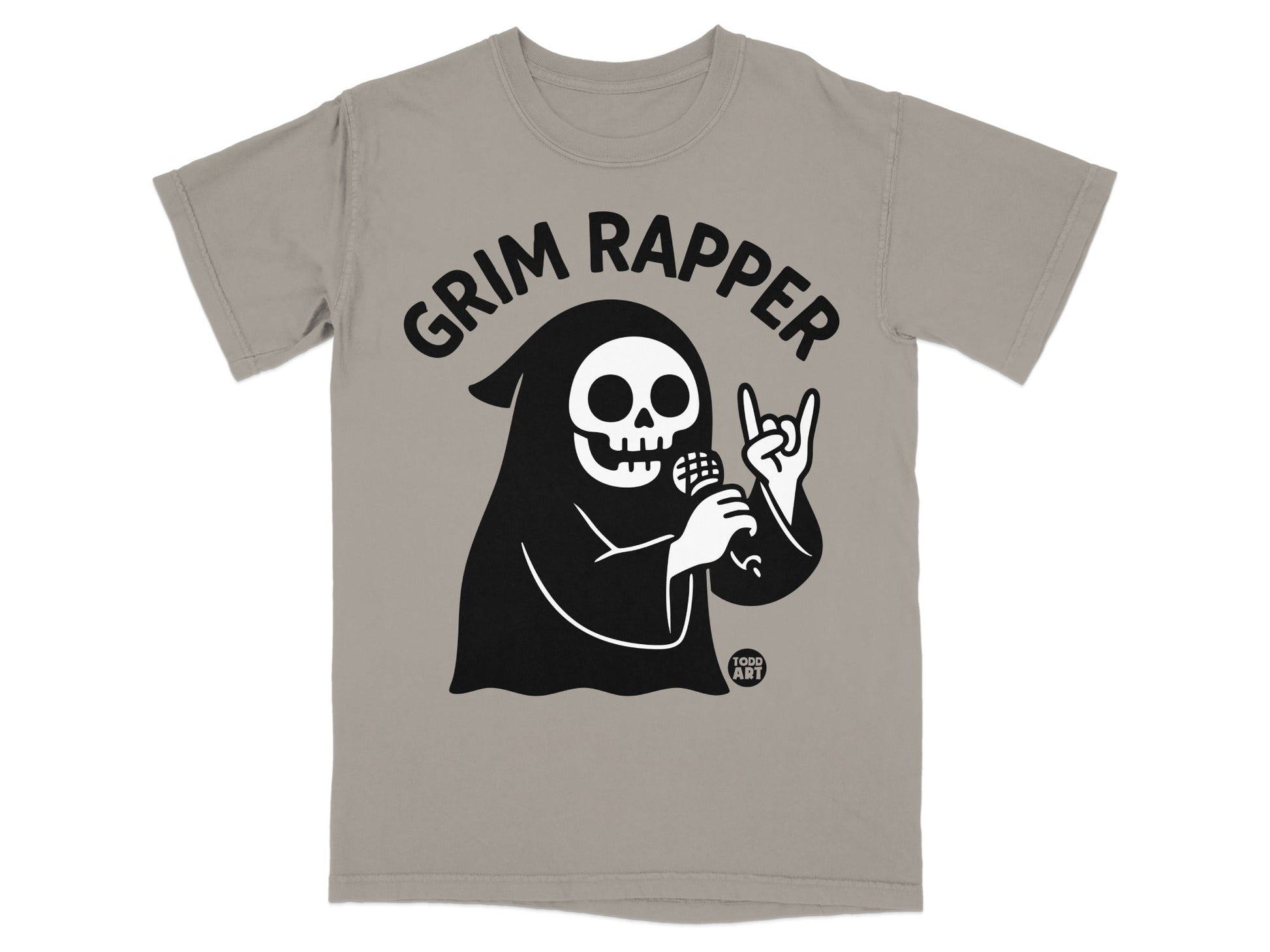 Grim Rapper t-shirt with cartoon grim reaper holding microphone and giving rock on hand sign.