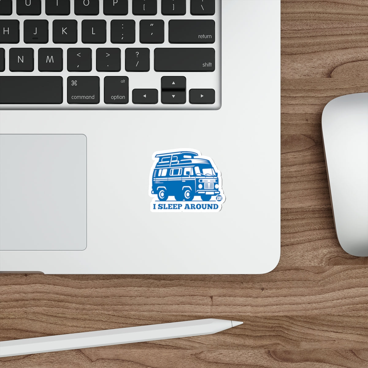 Blue camper van sticker on laptop that says "I SLEEP AROUND"