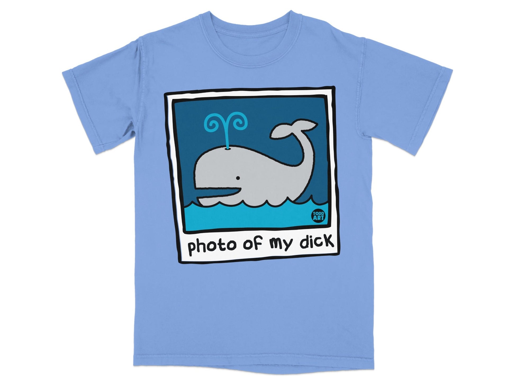 Light blue t-shirt with a cartoon whale and "photo of my dick" text.