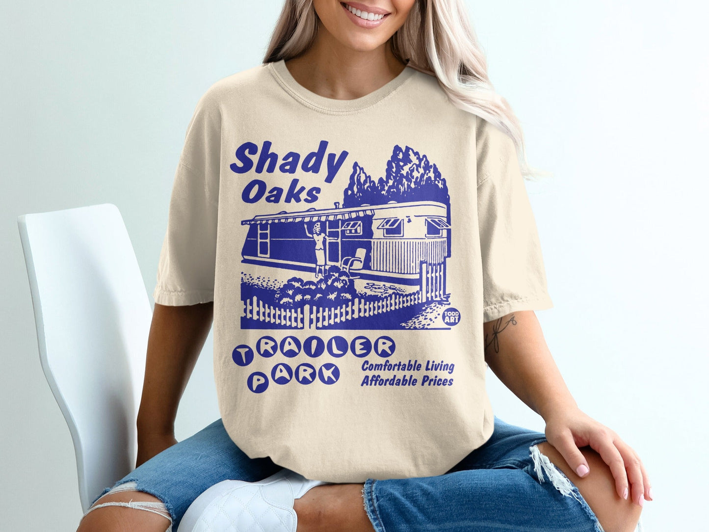 Shady Oaks Trailer Park graphic tee with comfortable living and affordable prices text.