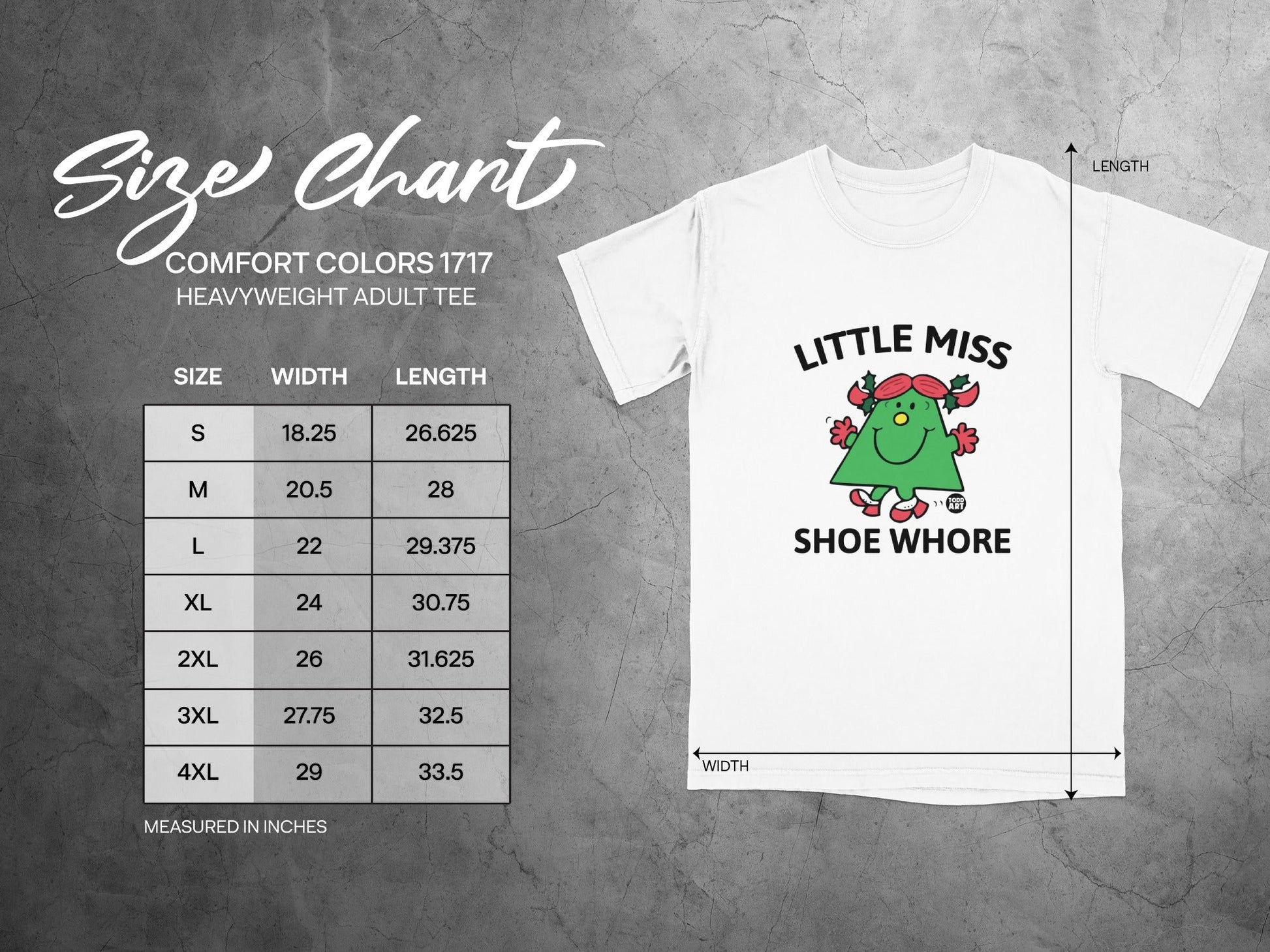 T-shirt size chart for Comfort Colors 1717 heavyweight adult tee.