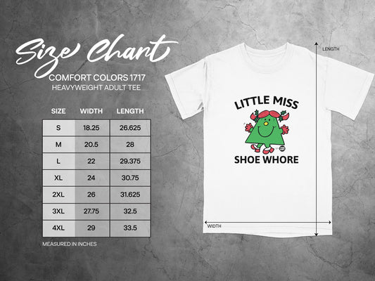 T-shirt size chart for Comfort Colors 1717 heavyweight adult tee.
