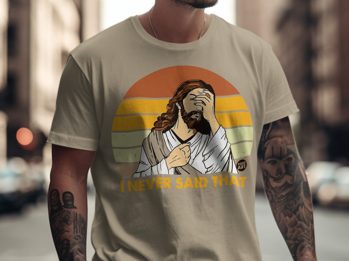 T-shirt with Jesus graphic and "I Never Said That" text.