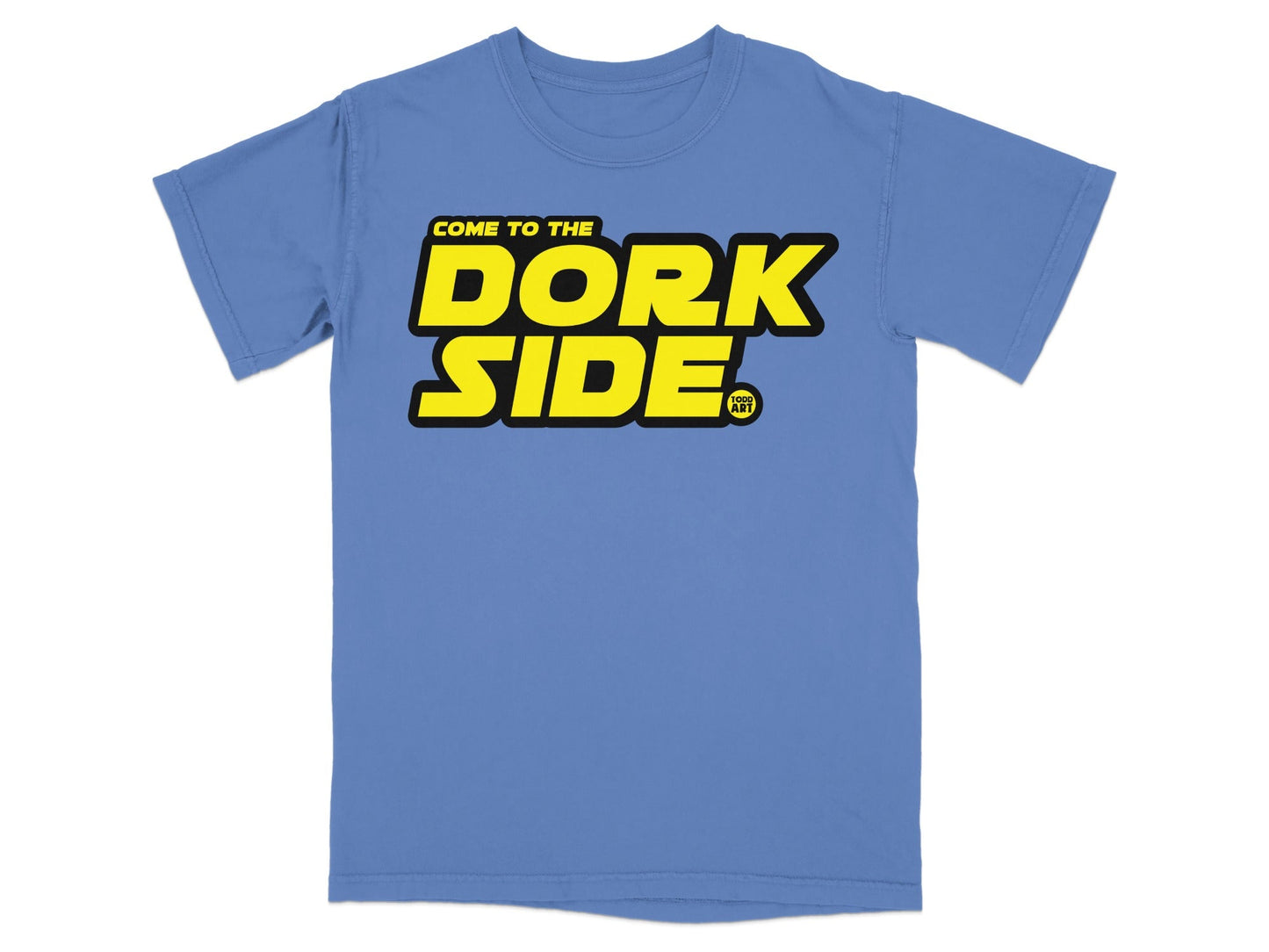 Blue t-shirt with yellow "DORK SIDE" text and a small logo.