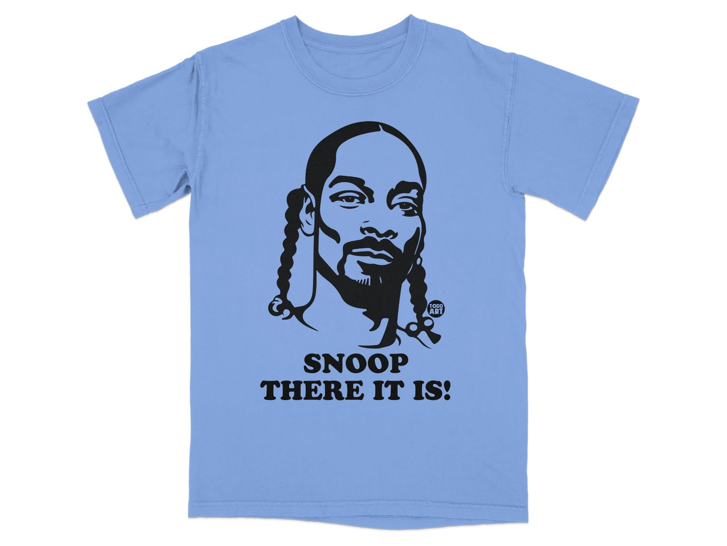 Snoop Dogg graphic t-shirt in light blue with "Snoop There It Is!" text.