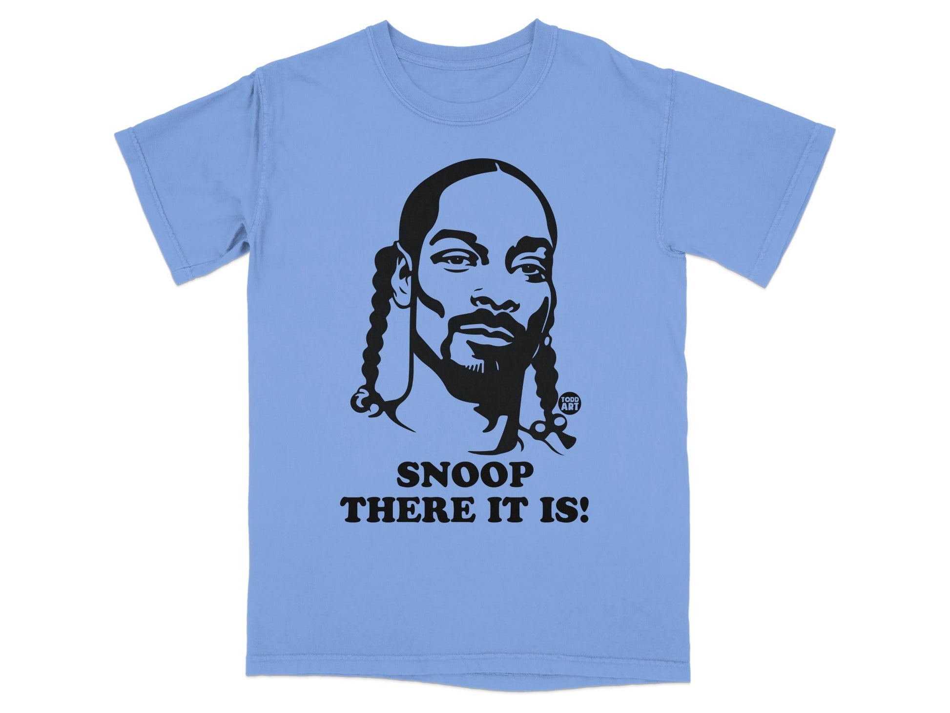 Snoop Dogg graphic t-shirt in light blue with "Snoop There It Is!" text.
