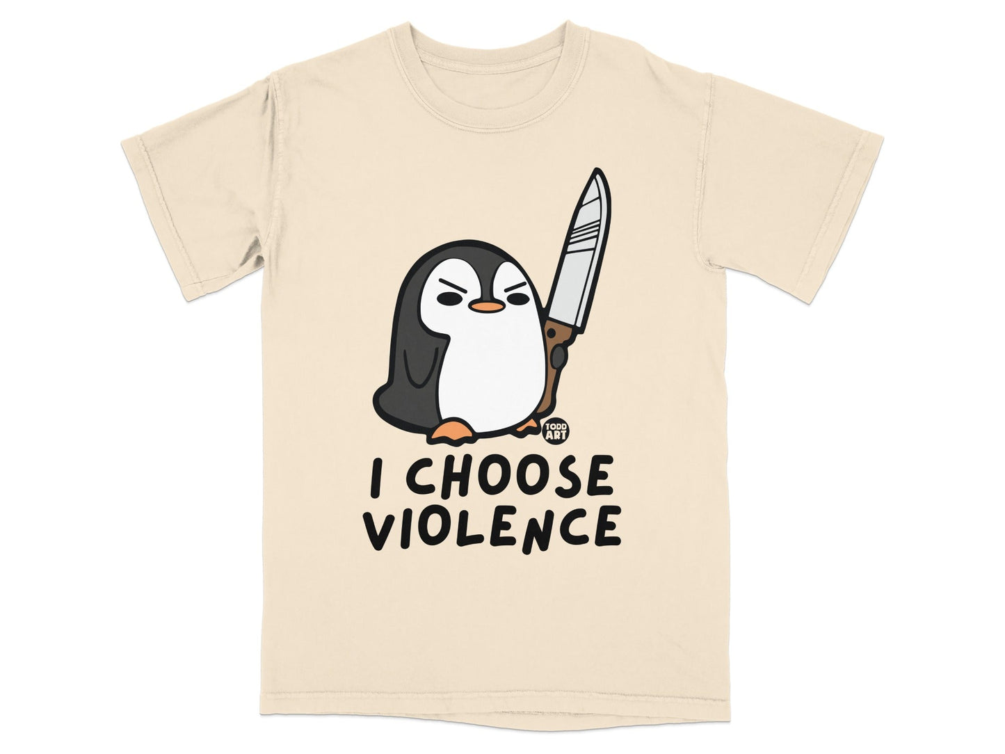 Penguin holding a knife with text "I CHOOSE VIOLENCE".
