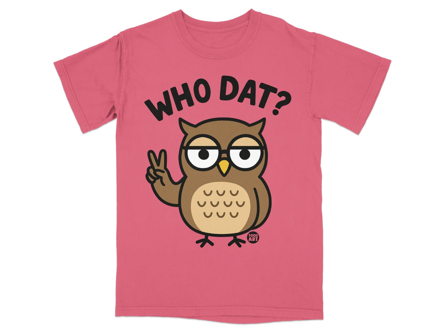 Cartoon owl wearing glasses giving peace sign, text WHO DAT?