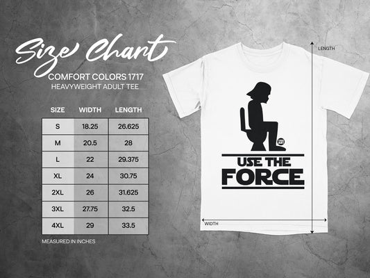 White t-shirt with "USE THE FORCE" graphic and a size chart.