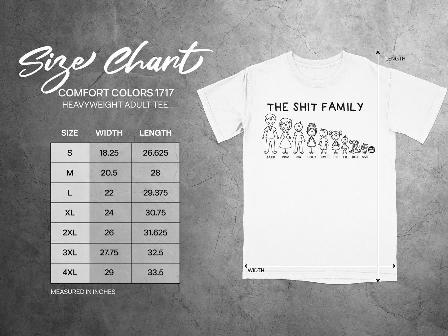 THE SHIT FAMILY ADULT TEE size chart product type