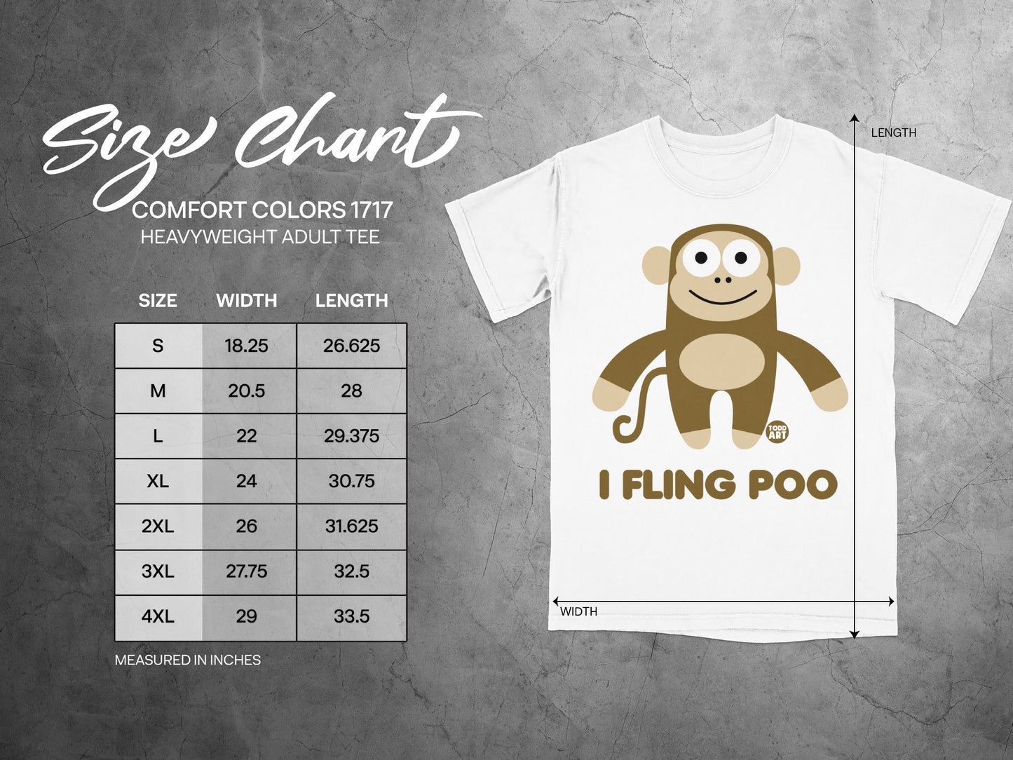 Comfort Colors 1717 size chart for heavyweight adult tee with monkey graphic.