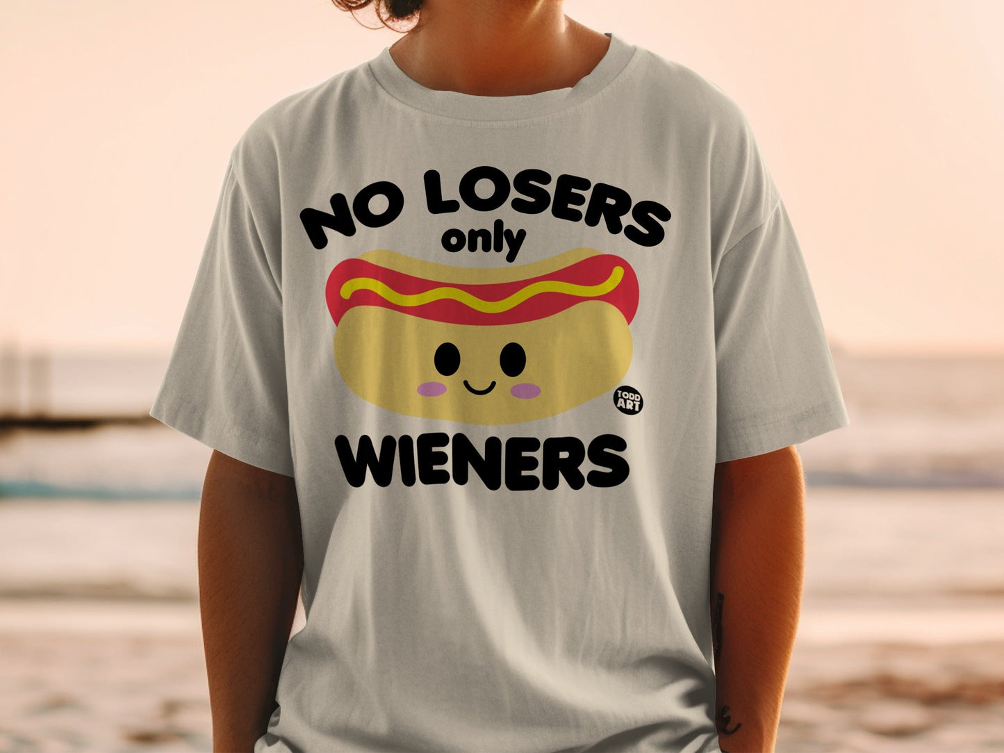 T-shirt with "No Losers Only Wieners" text and a cartoon hot dog graphic.