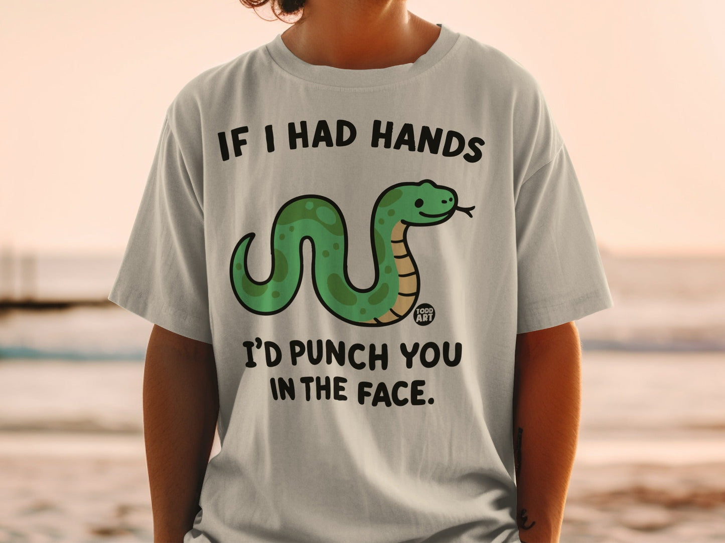 Light gray t-shirt with snake and text "IF I HAD HANDS I'D PUNCH YOU IN THE FACE."