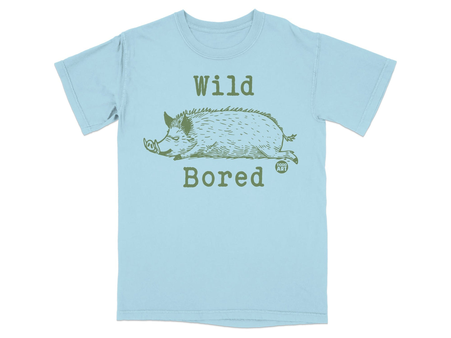 Light blue t-shirt with a green graphic of a wild boar and the text "Wild Bored".
