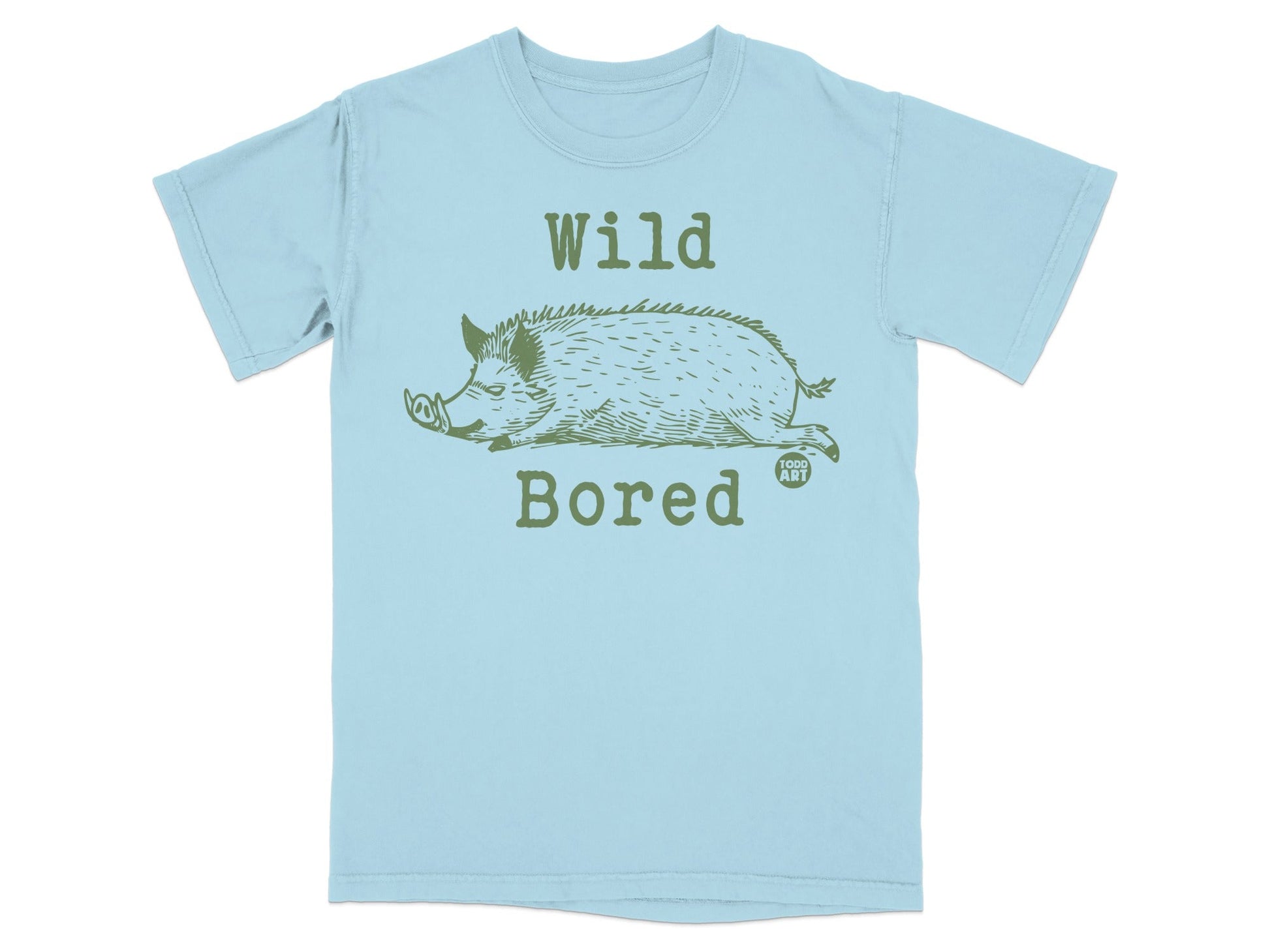 Light blue t-shirt with a green graphic of a wild boar and the text "Wild Bored".