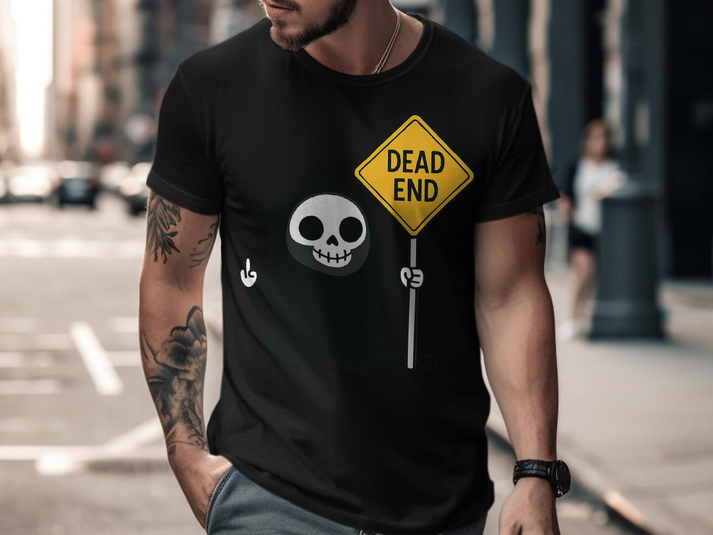 Dead End Sign Skull Graphic Teeshirt for Halloween