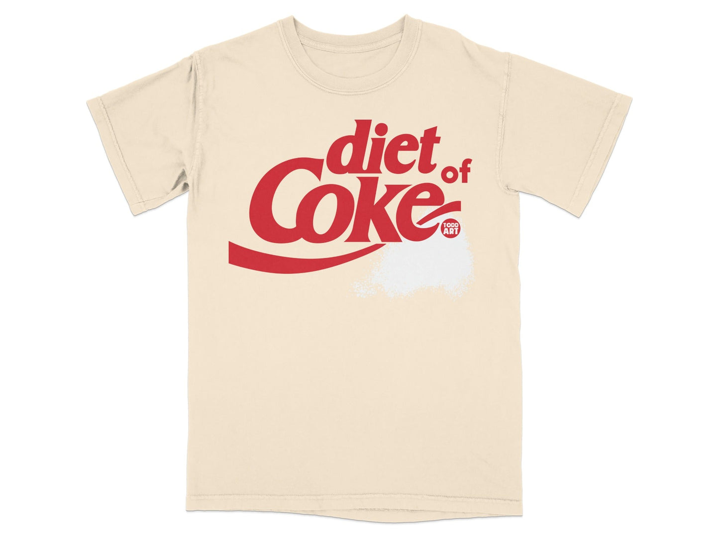 Cream t-shirt with "Diet Coke" logo and small white powder graphic.