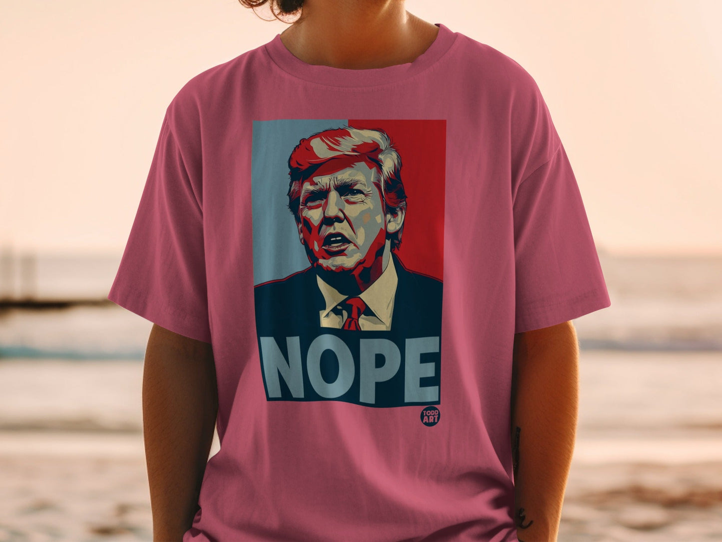 Donald Trump portrait in pink and blue with "NOPE" text and "1000 ART" logo.