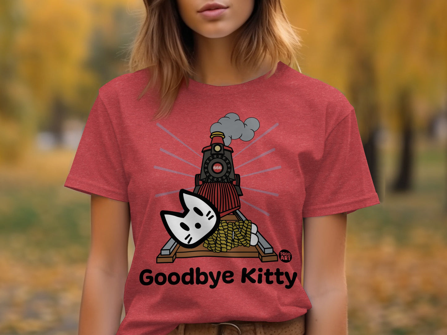 Goodbye Kitty Cute Train Graphic Red T-shirt