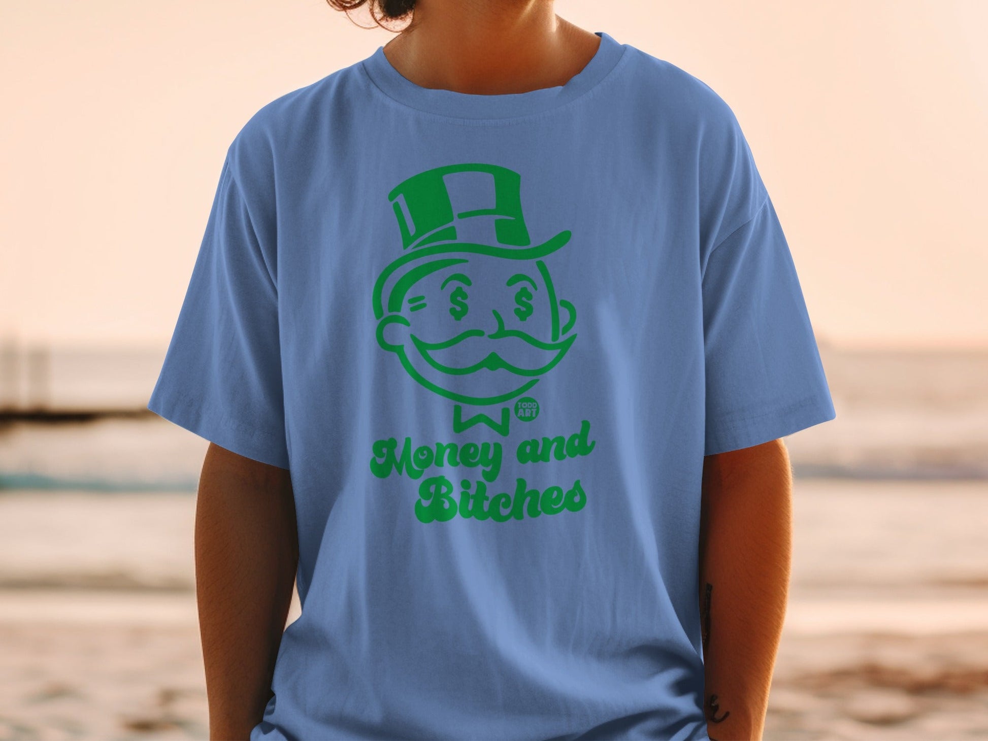 Blue t-shirt with Monopoly Man logo and "Money and Bitches" text.