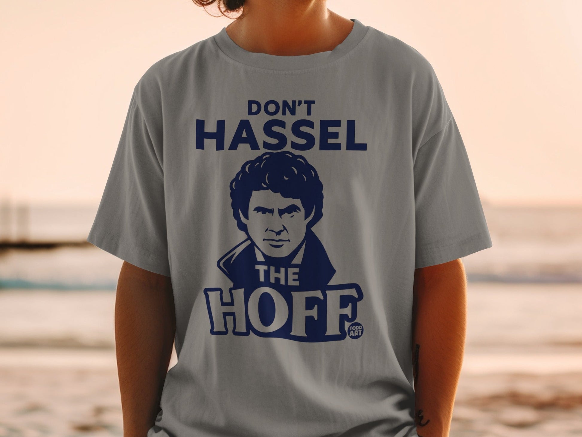 Grey t-shirt with "DON'T HASSEL THE HOFF" and David Hasselhoff's portrait.