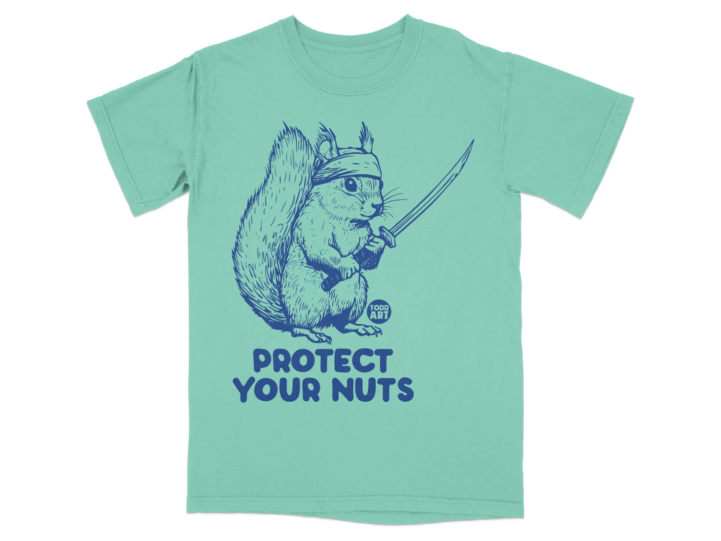 Teal t-shirt with a blue illustration of a squirrel holding a sword.