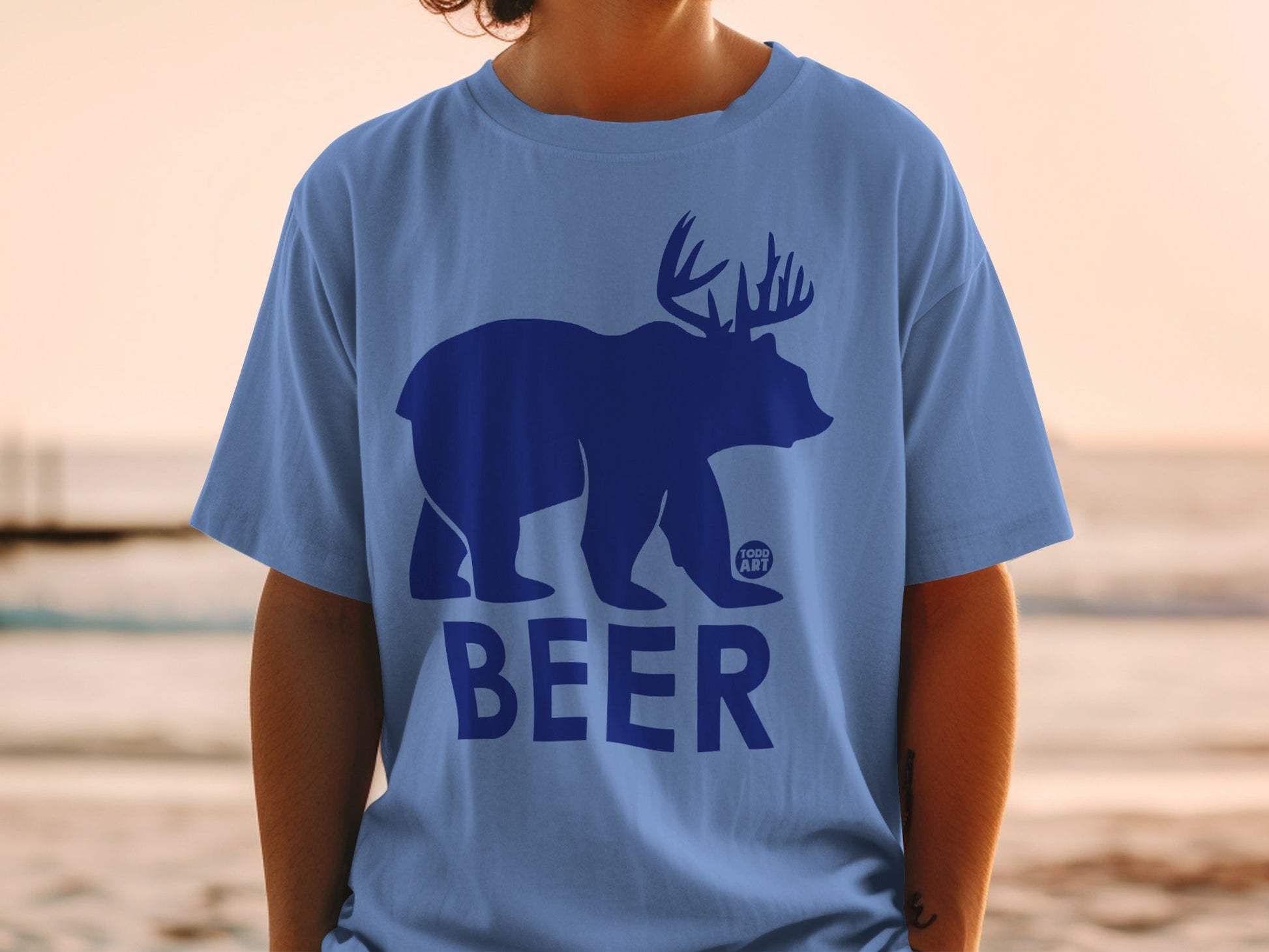 BEER Bear Antlers Blue Graphic Print T-shirt