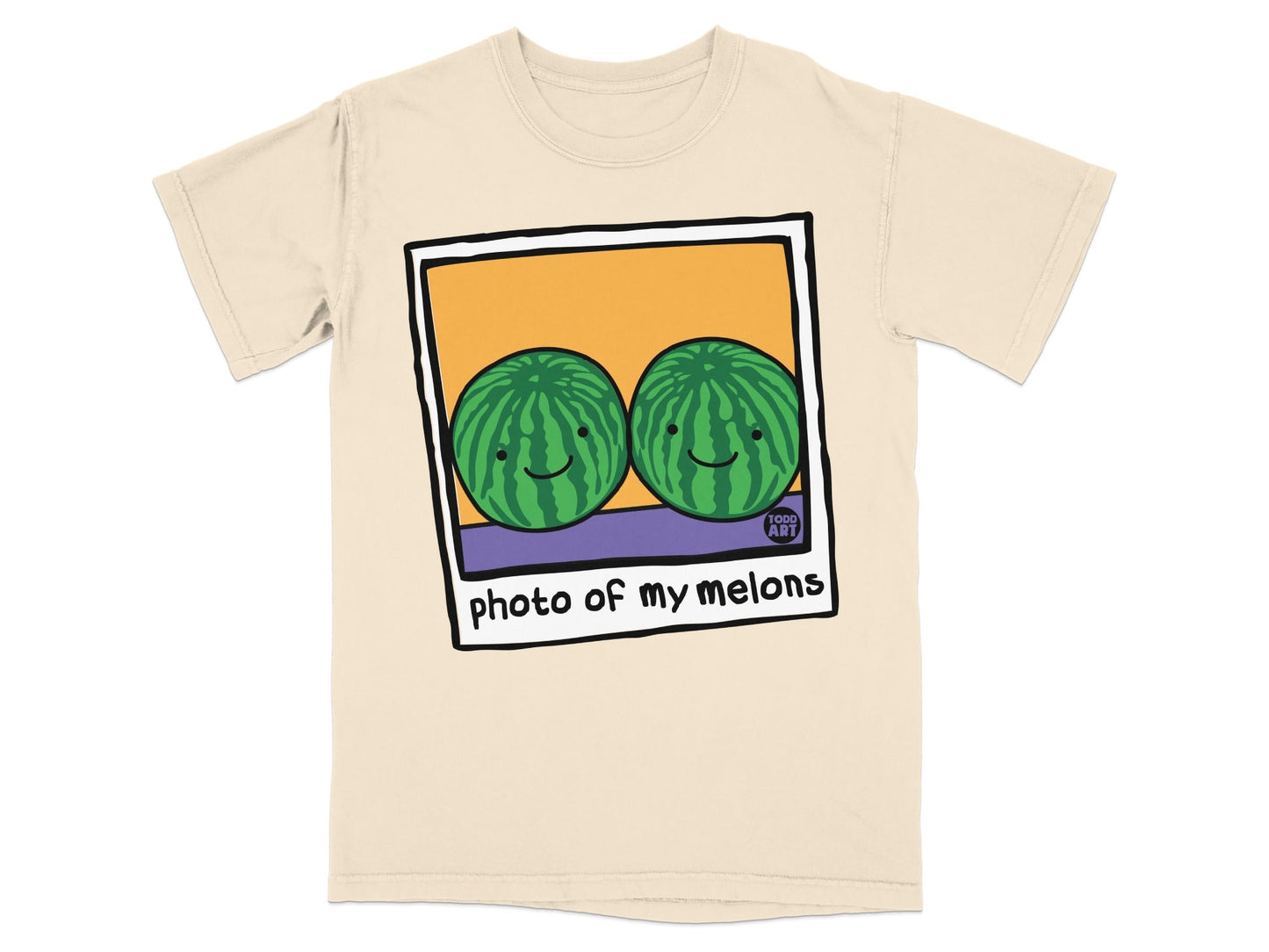 Two smiling cartoon watermelons on a cream t-shirt.
