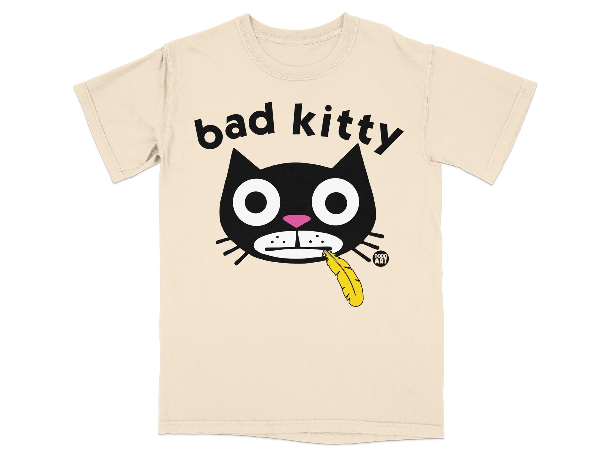 Bad Kitty Graphic on Beige T-Shirt Funny Cat Product