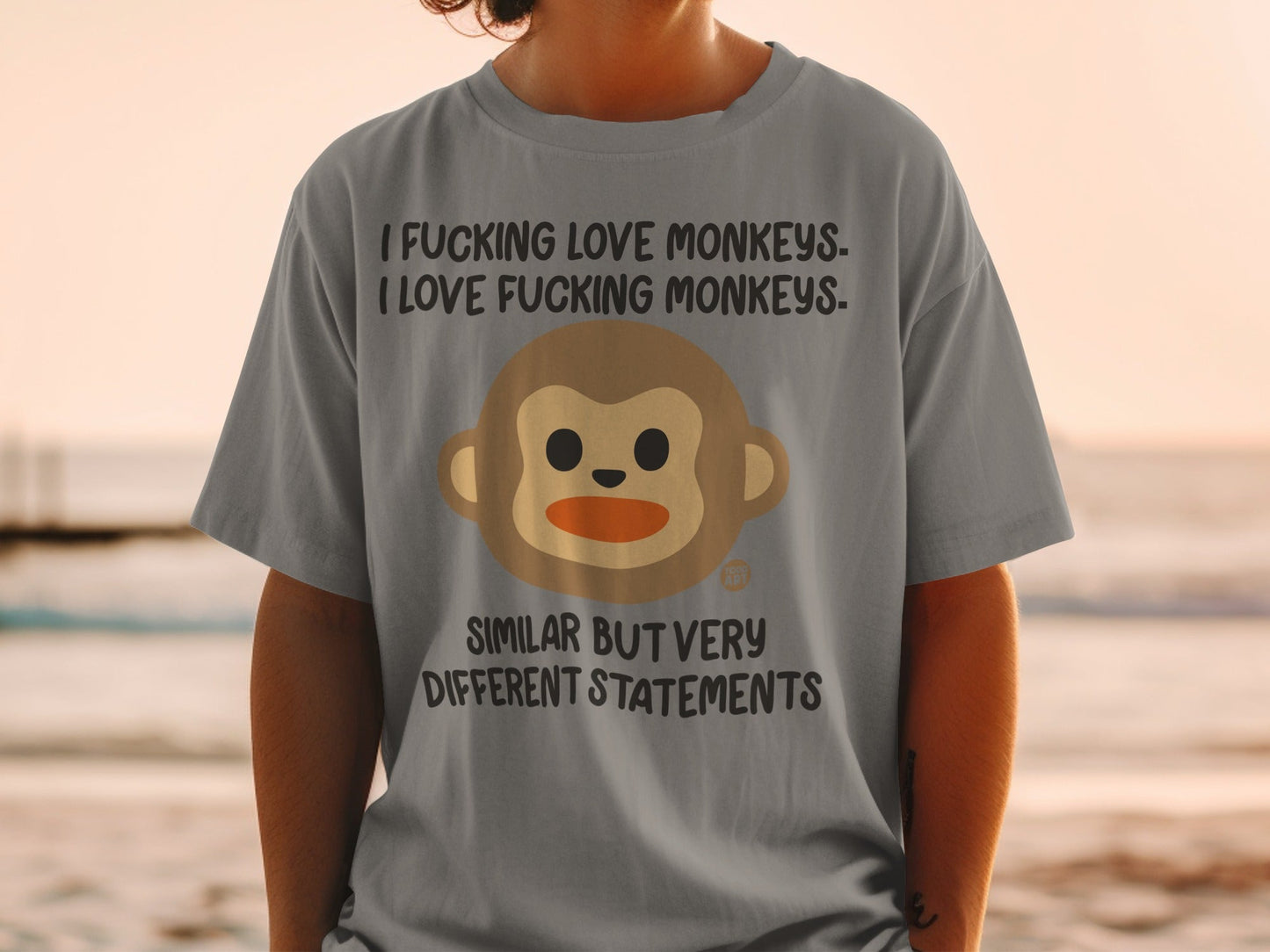 Grey t-shirt with monkey face and text: "I FUCKING LOVE MONKEYS."