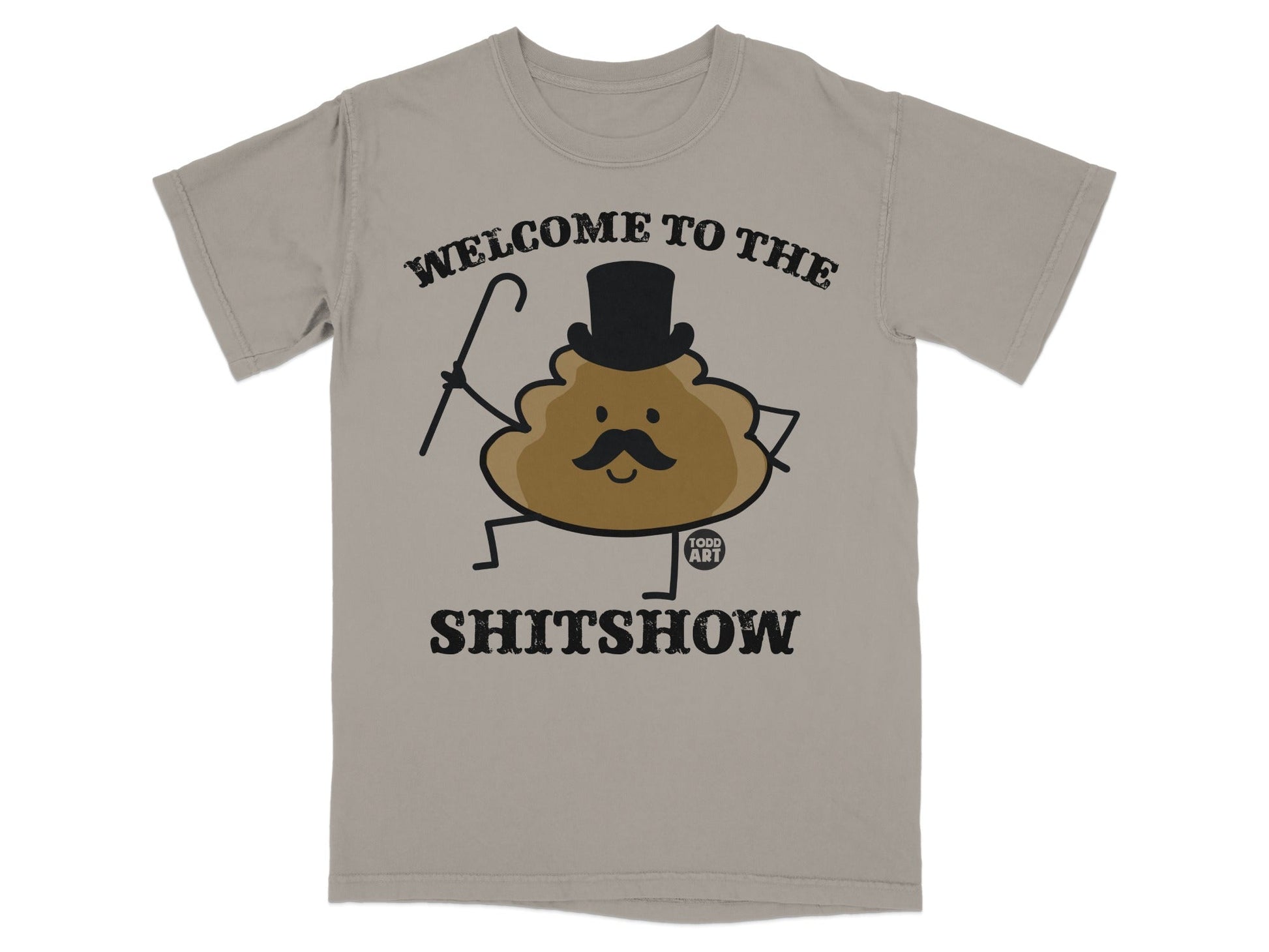 Brown cartoon poop character wearing a top hat and holding a cane.