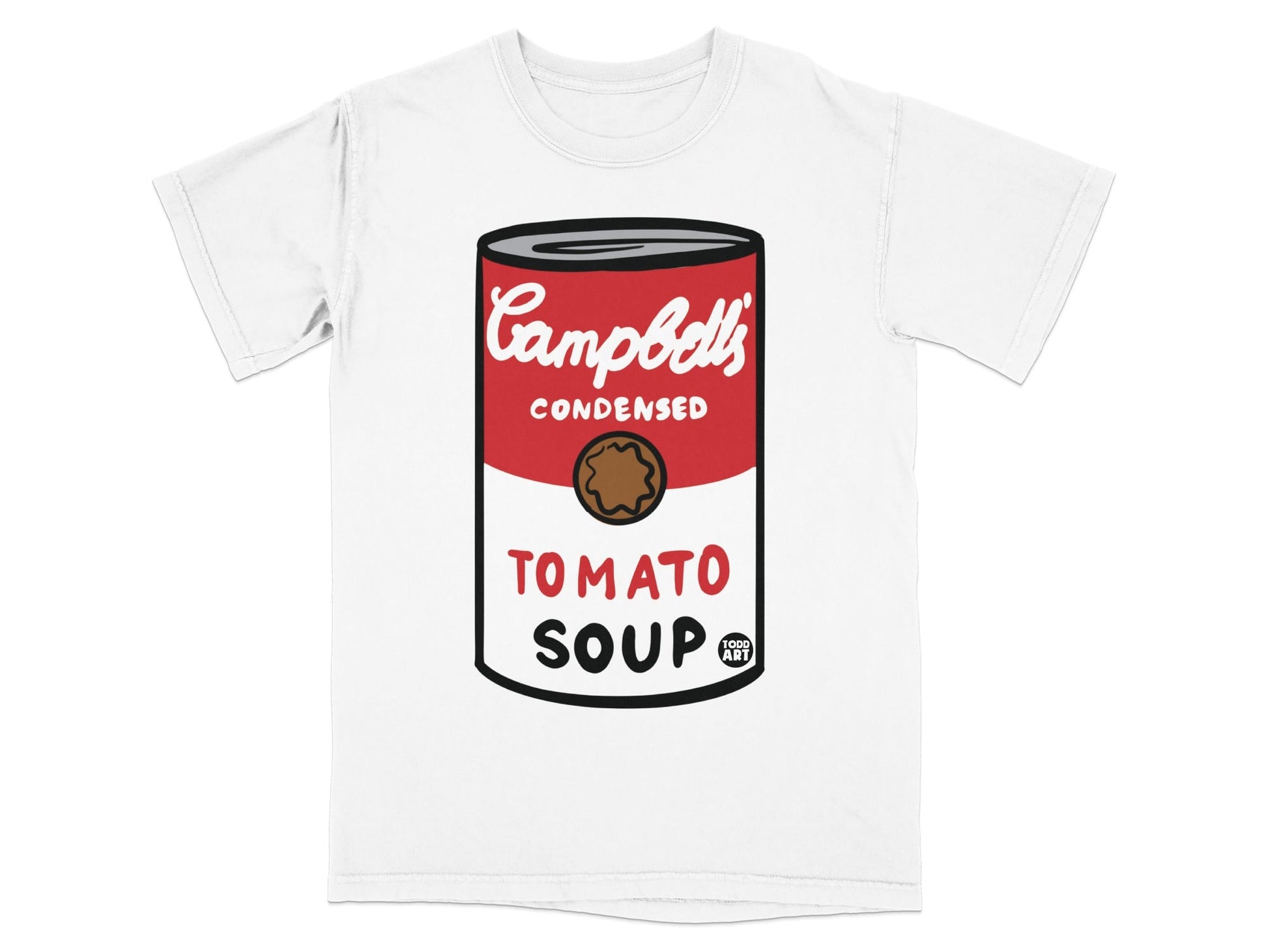 White t-shirt with a Campbell's Condensed Tomato Soup can graphic.