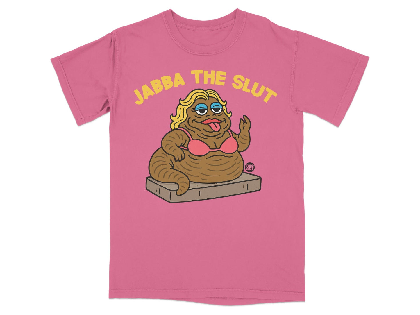 Pink t-shirt with "JABBA THE SLUT" and cartoon alien character.