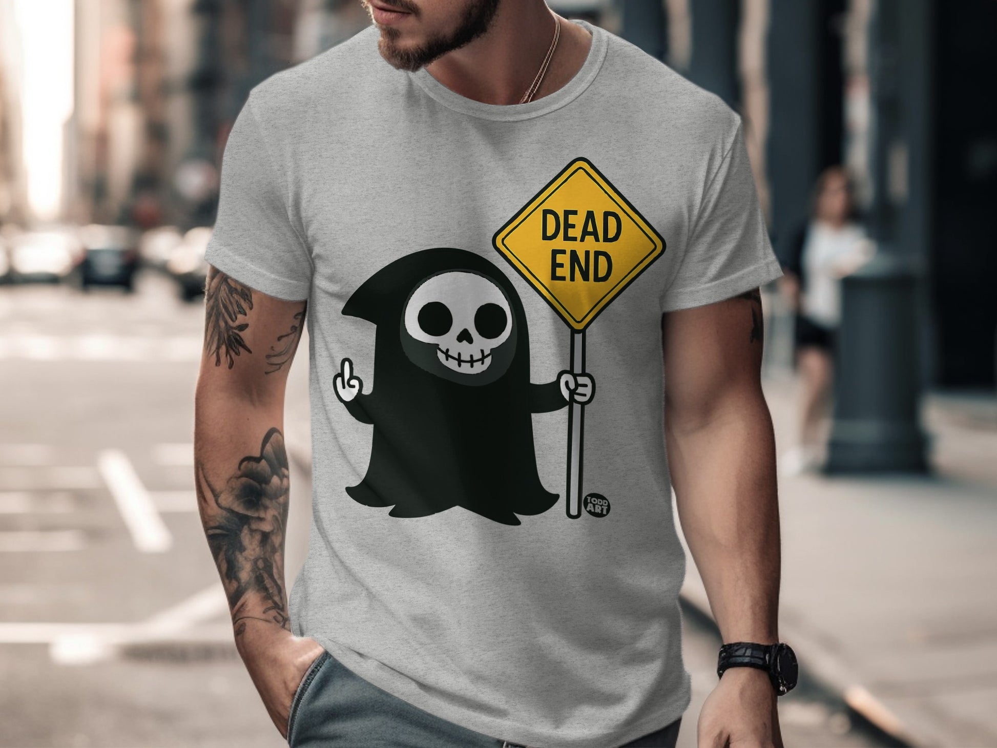 Grim Reaper with Dead End Sign Graphic T-Shirt