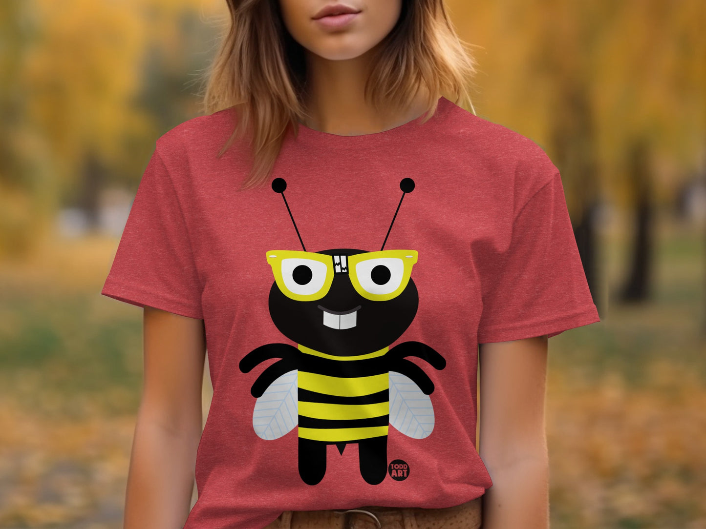 Cute Cartoon Bee with Glasses on Red T-Shirt Product